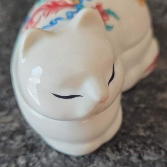 Ceramic 2 Piece Japan Colorful Floral Ribbon Cat Trinket Box - Picture 8 of 12